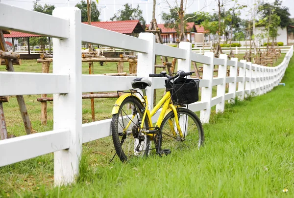 Barandillas blancas con carril bici amarillo en un día soleado —  Fotos de Stock