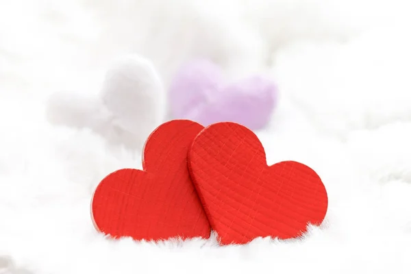 Two Red Hearts White Background Soft Focus Romantic Card Declaration — Stock Photo, Image