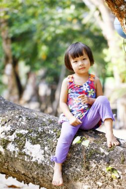 Küçük kız ağaca tırmandı ve ağaç dalı üzerinde otururken, dilimin düşük