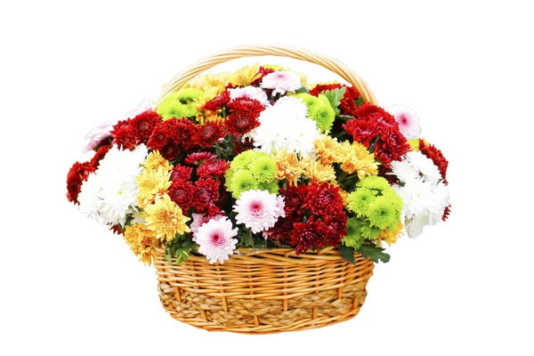 Beautiful bouquet of bright flowers in basket isolated on white — Stock Photo, Image