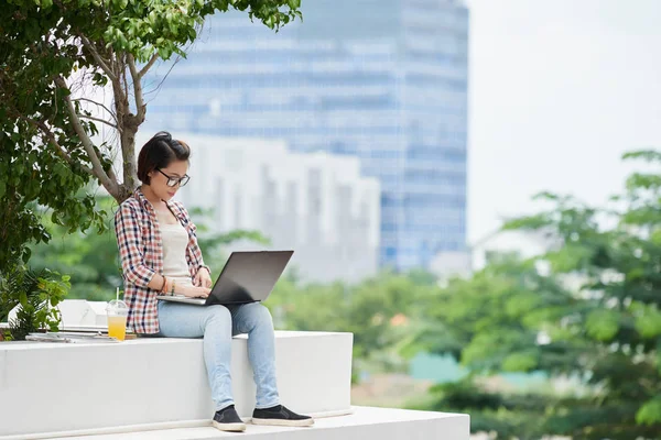 Vrouw met laptop genieten van buitenshuis werken — Stockfoto