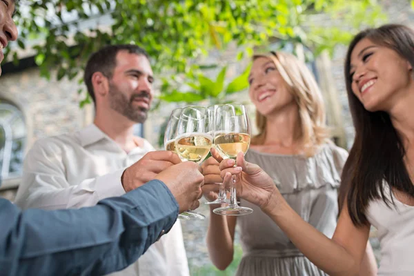 Друзья пьют шампанское на коктейльной вечеринке — стоковое фото