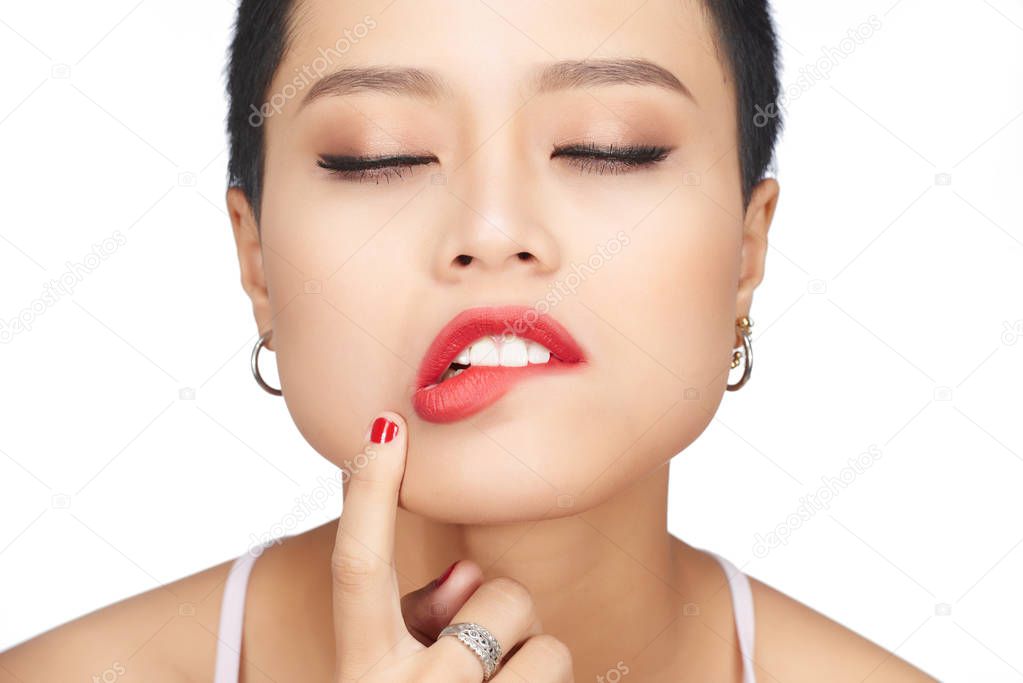Woman with bright red lips