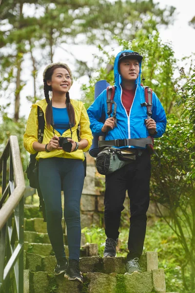 Vrolijke paar wandelen in het bos — Stockfoto