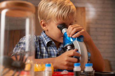 Mikroskop arıyor bir okul çocuğu
