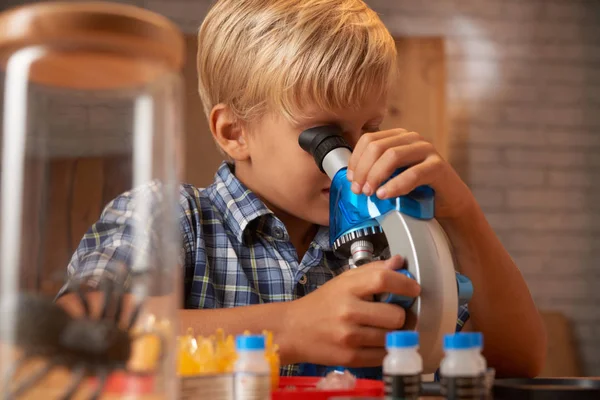 Schoolboy looking through microscope — Stock Photo, Image