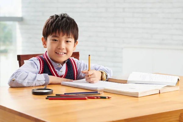 Smiling schoolboy sitting in class — Stock Photo, Image