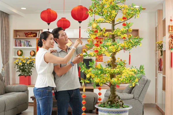 Esposo y esposa decorando albaricoque —  Fotos de Stock