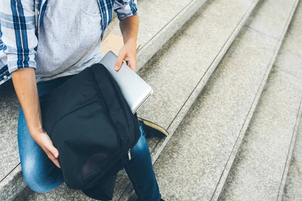 Man Taking Laptop Out Out His Backpack View — Stock Photo, Image