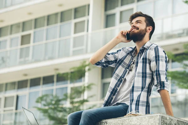 Handsome Bearded Man Talking Mobile — Stock Photo, Image