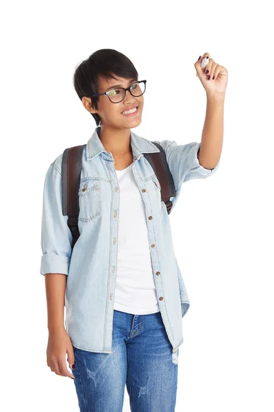 Dziewczyna Azjatyckich Studentów Plecak Pisania Coś Powietrzu Białym Tle — Zdjęcie stockowe