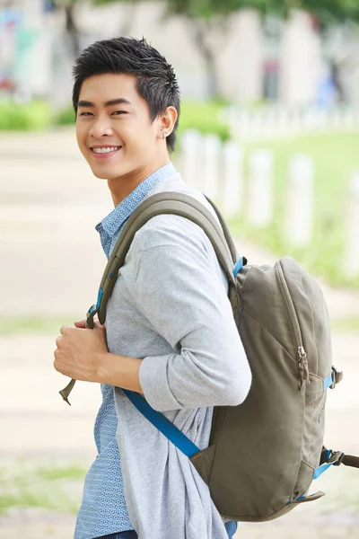 Handsome College Student Backpack Looking Camera Toothy Smile — Stock Photo, Image