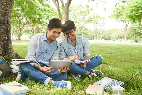 Estudantes Universitários Alegres Sentados Parque Público Trabalhando Projeto Conjunto Livros — Fotografia de Stock