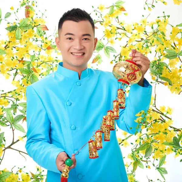 Joyful Vietnamese Man Wearing Traditional Costume Holding Decoration Tet Holiday — Stock Photo, Image