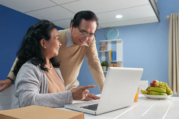 Senior Asiatisk Kvinna Visar Något Intressant Laptop Skärm Till Maken — Stockfoto