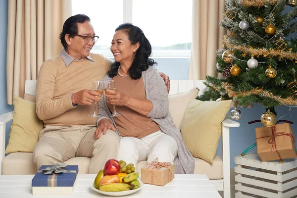 Seniorenpaar Trinkt Champagner Und Tauscht Geschenke Aus — Stockfoto