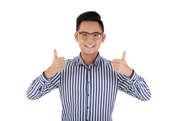 Happy Vietnamese Young Woman Glasses Showing Thumbs — Stock Photo, Image