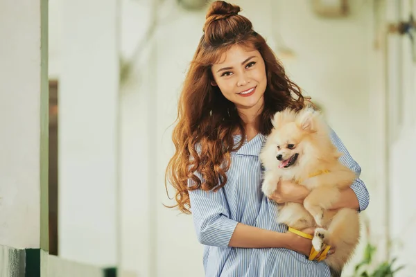 Retrato Bela Jovem Mulher Asiática Com Cão Bonito Nas Mãos — Fotografia de Stock