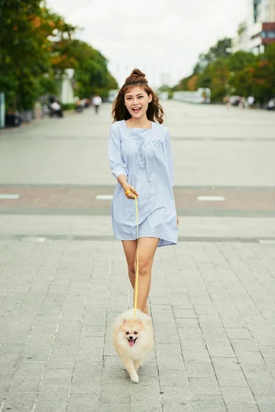 Feliz Joven Asiática Mujer Caminando Calle Con Perro — Foto de Stock