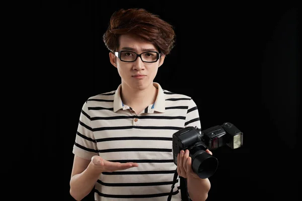 Young Asian Photographer Unhappy His Camera — Stock Photo, Image