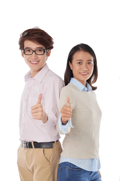 Boldog Fiatal Ázsiai Üzletemberek Remek Megjelöl Bemutatás — Stock Fotó