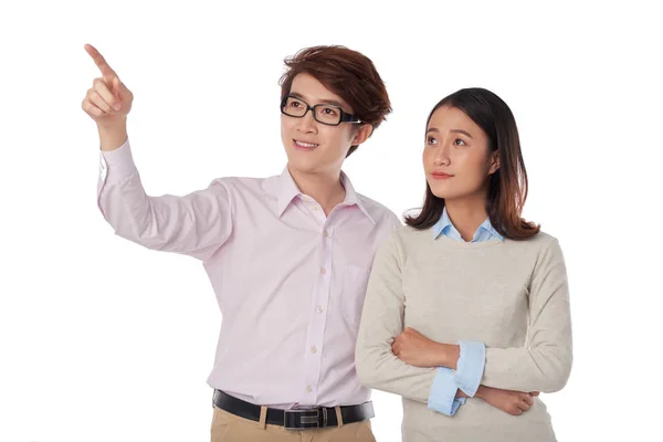 Handsome Young Businessman Pointing Something Show His Female Coworker — Stock Photo, Image
