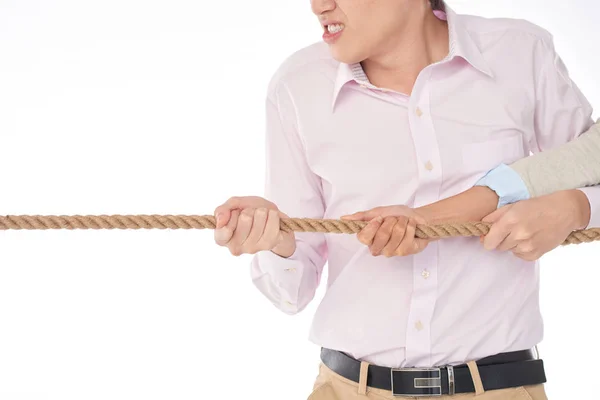Cropped Image Angry Man Pulling Rope His Colleague — Stock Photo, Image