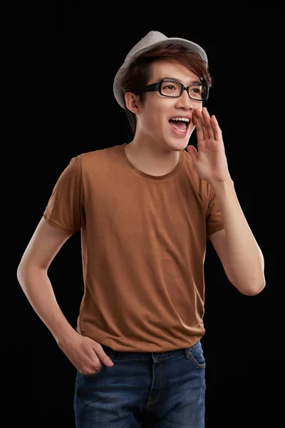 Portrait Young Asian Man Hat Glasses Shouting — Stock Photo, Image