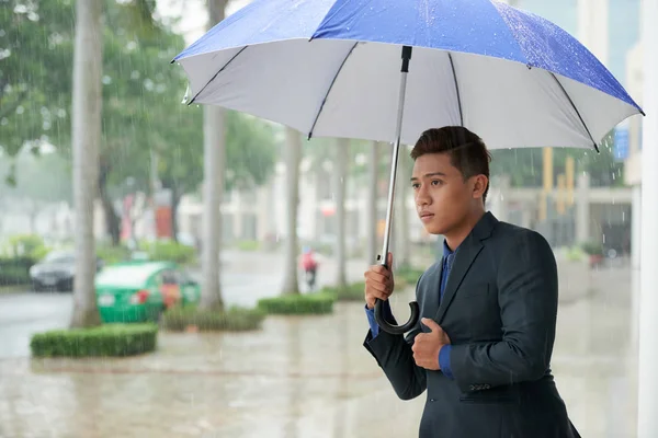 Portret Van Knappe Aziatische Man Permanent Onder Regen Met Paraplu — Stockfoto
