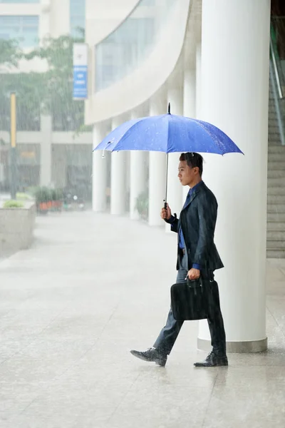 Retrato Joven Empresario Asiático Caminando Bajo Lluvia Aire Libre Sosteniendo — Foto de Stock