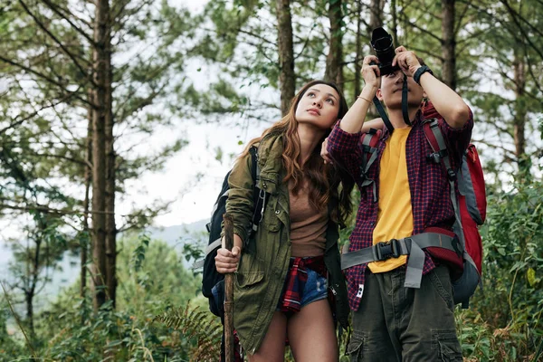 Escursionisti Che Utilizzano Fotocamera Digitale Scattare Foto Della Natura — Foto Stock