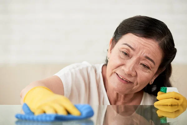 Cleaning Lady Wiping Dirt Glass Surface Table — Stock Photo, Image