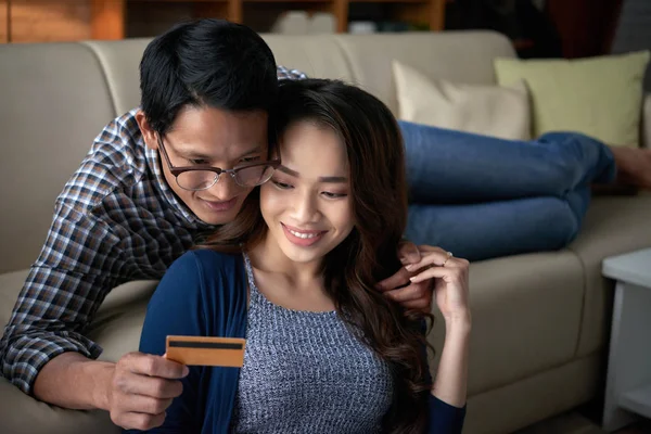 Vietnamese Young Man Giving Credit Card His Wife — Stock Photo, Image
