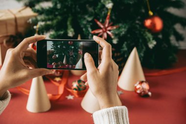 Eller kadının fotoğrafını süslenen Noel ağacı