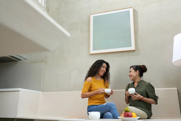 Tersenyum Wanita Tua Dan Putrinya Dewasa Minum Teh Dan Mengobrol — Stok Foto