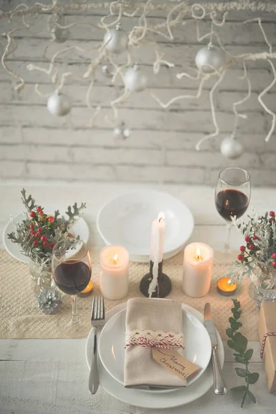 Mesa Servida Para Cena Navidad Vista Desde Arriba — Foto de Stock