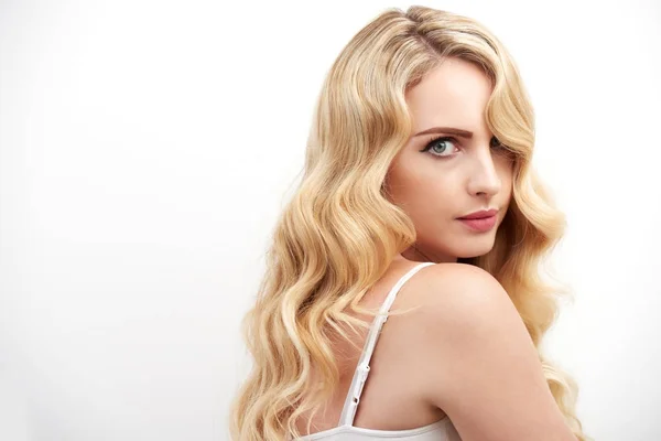 Portrait Beautiful Young Woman Lush Blonde Hair Posing White Background — Stock Photo, Image