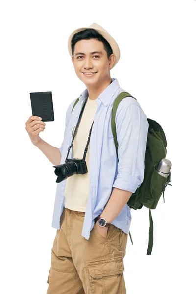 Χαρούμενα Ασίας Νεαρός Άνδρας Έτοιμος Για Ταξίδι — Φωτογραφία Αρχείου