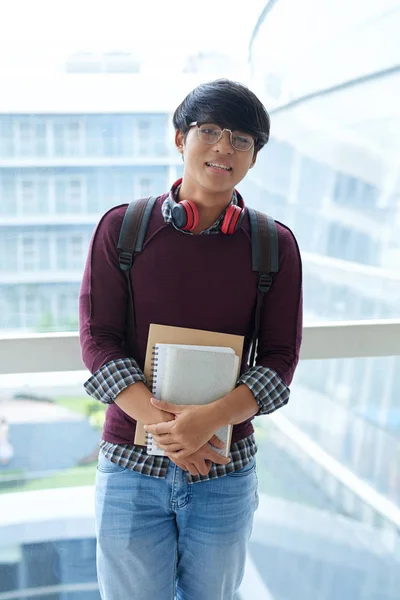 Portrait Cheerful College Student Glasses Holding Books Textbooks — Stock Photo, Image