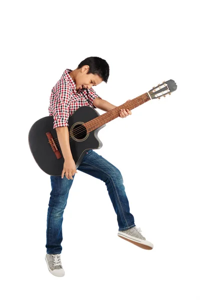 Adolescente Disfrutando Tocando Guitarra Aislado Blanco —  Fotos de Stock