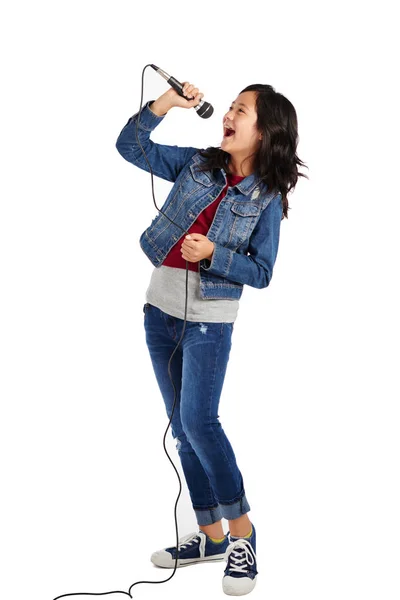 Studio Shot Talented Mixed Race Girl Singing Microphone — Stock Photo, Image