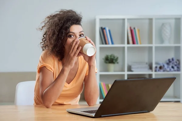 Jonge Vrouw Drinken Van Koffie Die Laptop Werkt — Stockfoto