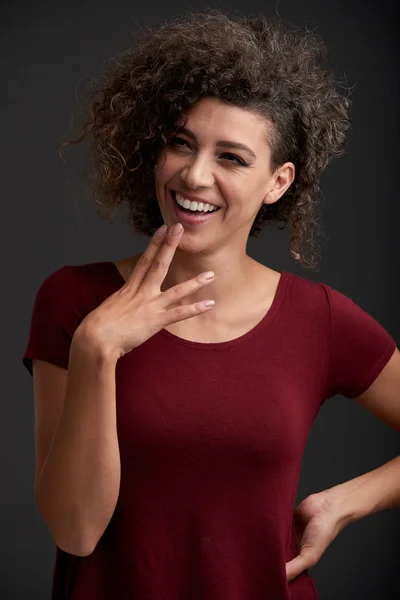 Portrait Laughing Brunette Woman Maroon Shirt — Stock Photo, Image