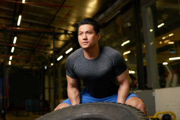Muscular young man pushing tyre to build strength