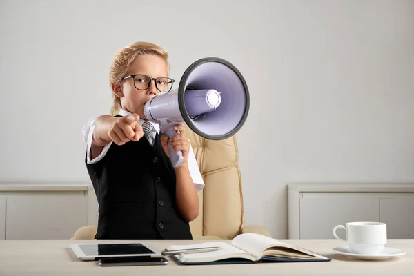 Small Business Executive Speaking Loudspeaker Pointing You — Stock Photo, Image