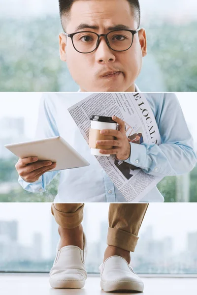 Collage: unhappy face, hands with coffee, newspaper and tablet and feet of young Vietnamese businessman