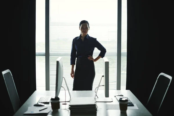 Vietnamesiska Kvinnliga Entreprenör Står Vid Bordet Mötesrummet — Stockfoto