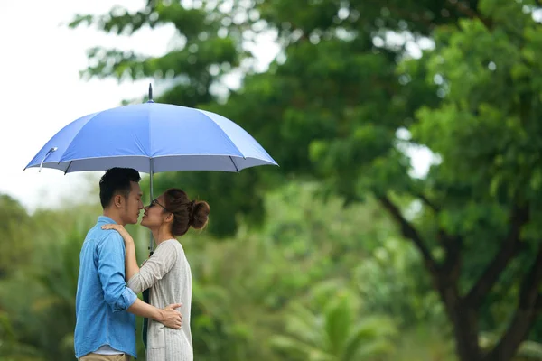 若いアジアのカップルが雨の中 傘の下に立ってキスを像側ビュー — ストック写真