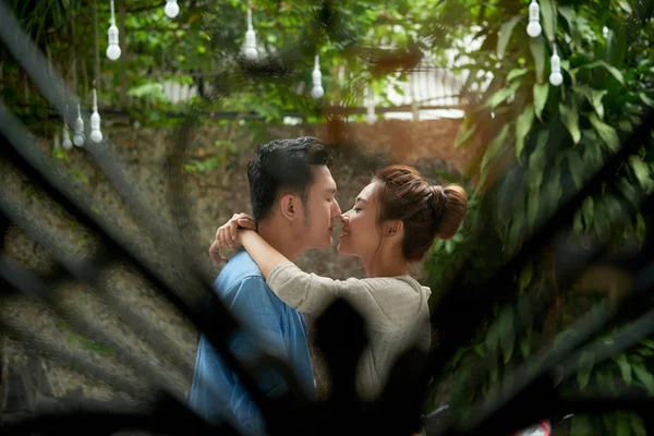 亚洲情侣接吻拥抱 透过心形的铜门在幽静的公园里观看 — 图库照片