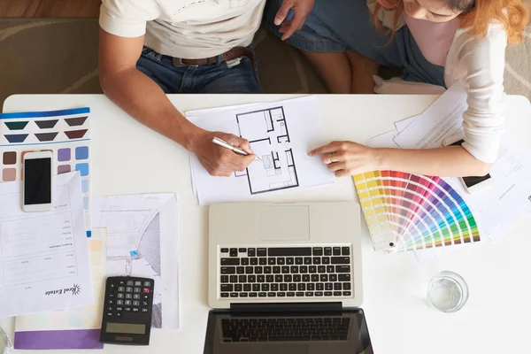 View Portrait Young Couple Discussing Floor Plans Interior Design New — Stock Photo, Image